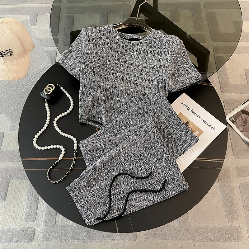 时髦洋气亮闪闪重工阔腿裤套装女夏季慵懒风修身显瘦短袖两件套潮