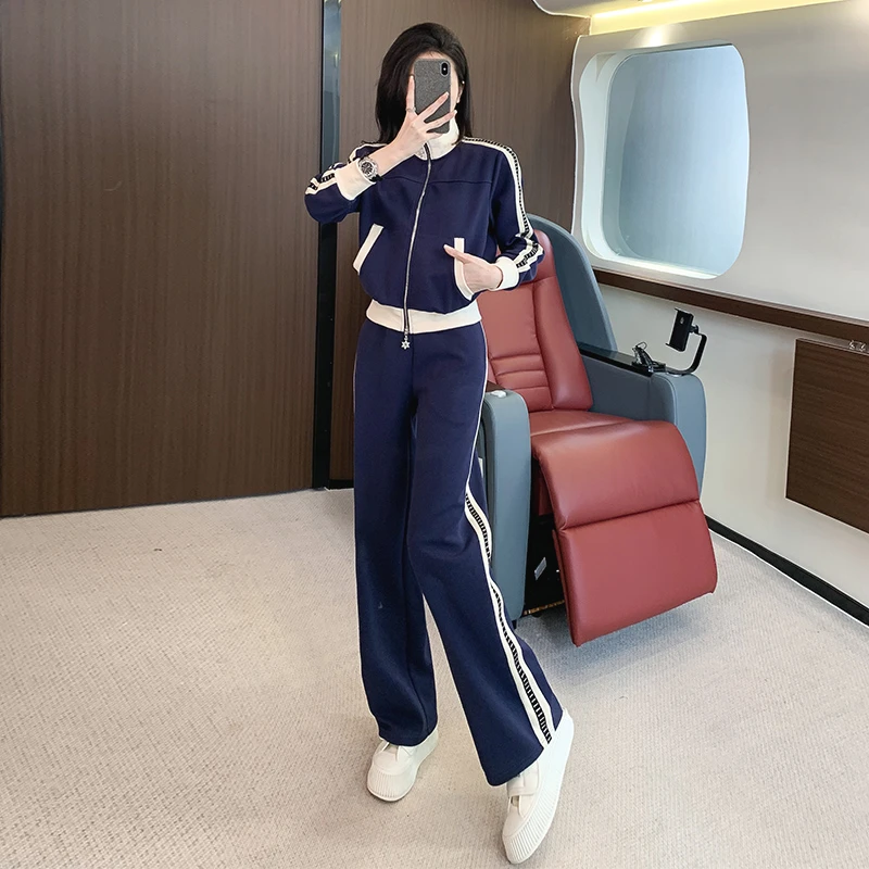 休闲运动套装女秋季设计感时尚洋气拉链开衫连帽卫衣阔腿裤两件套