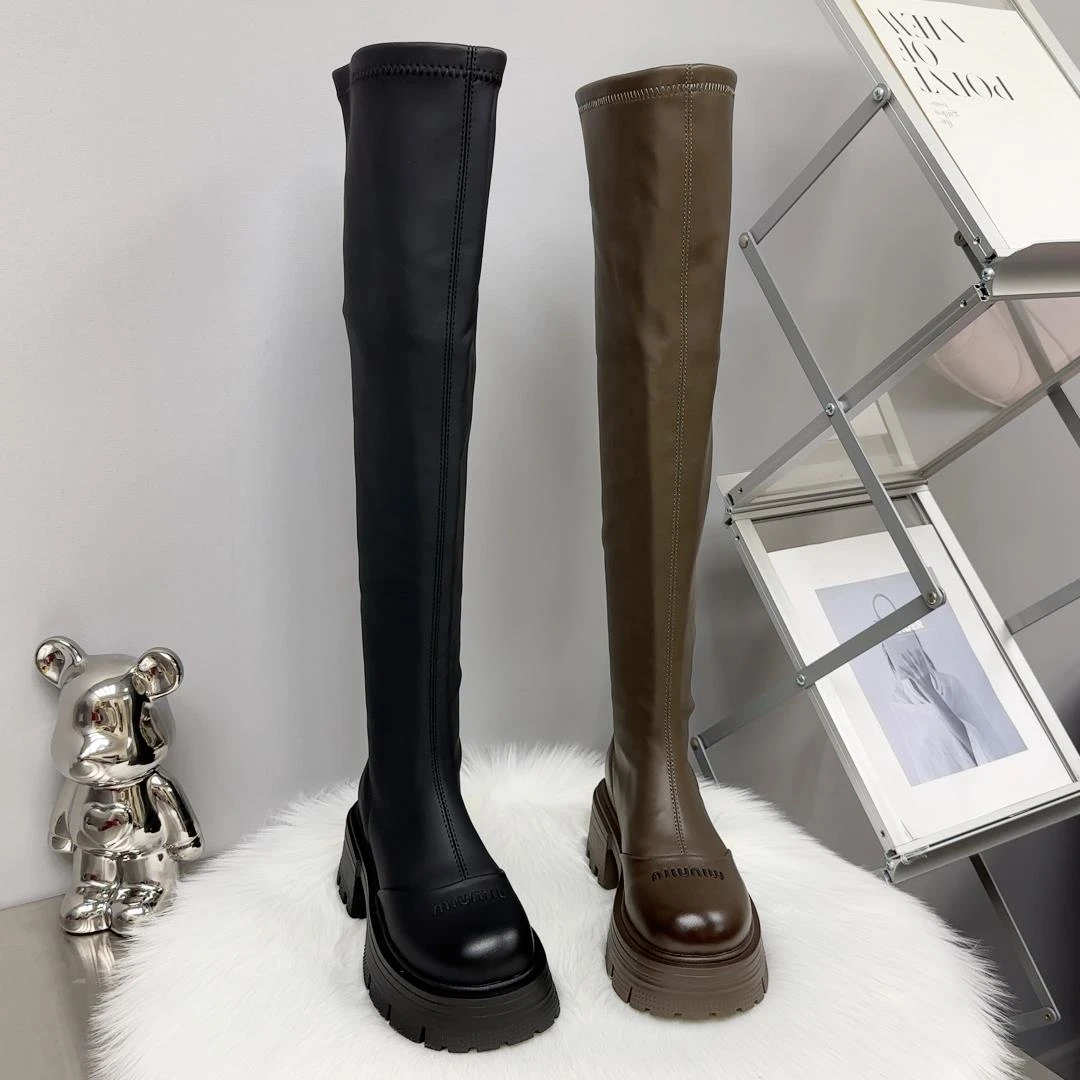 2023年冬季加绒过膝靴女厚底增高长筒机车靴后拉炼弹力瘦瘦靴高筒