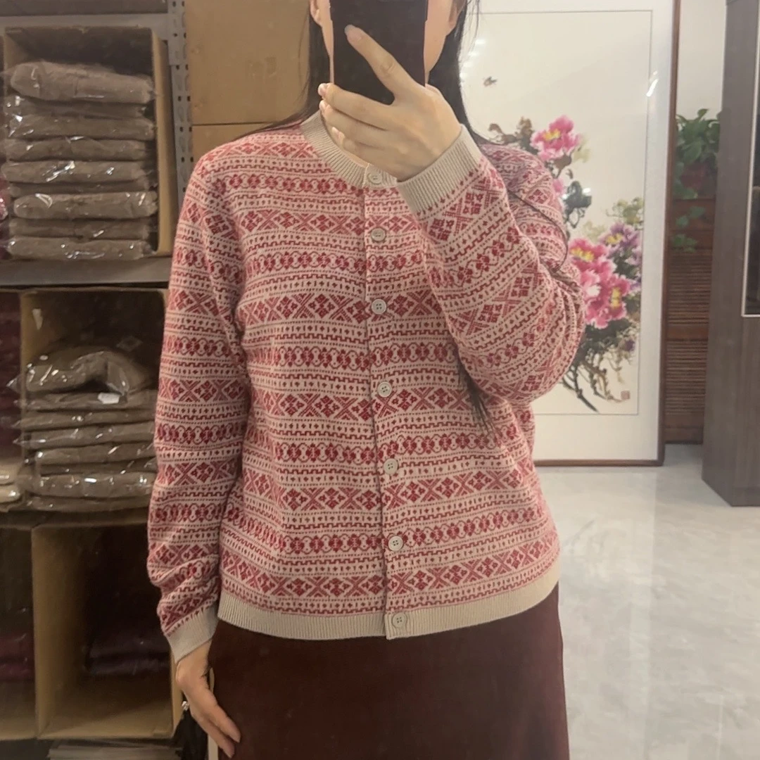 【费尔岛提花开衫】100羊绒女士圆领重工复古针织开衫毛衣外套