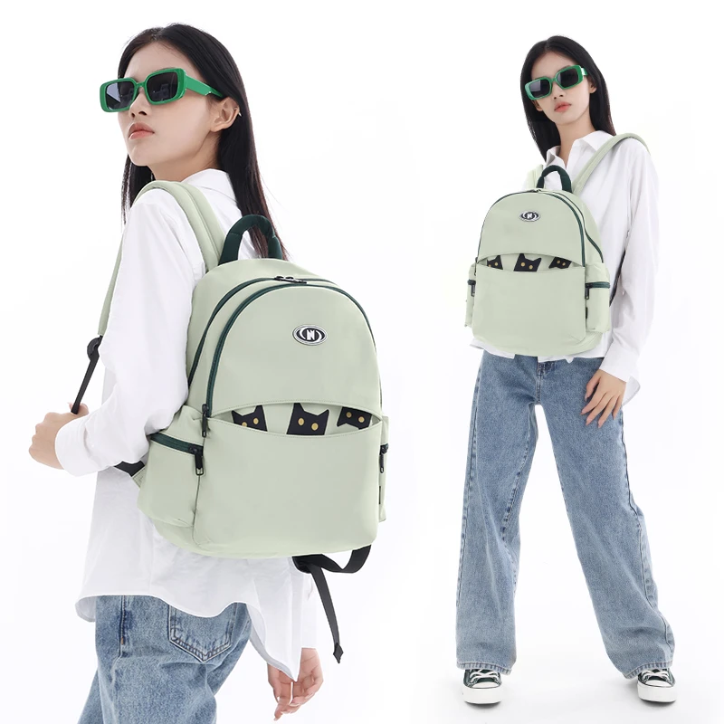 NOXXON双肩包女生出游电脑包旅游轻便猫咪背包绿色小众书包NS0023