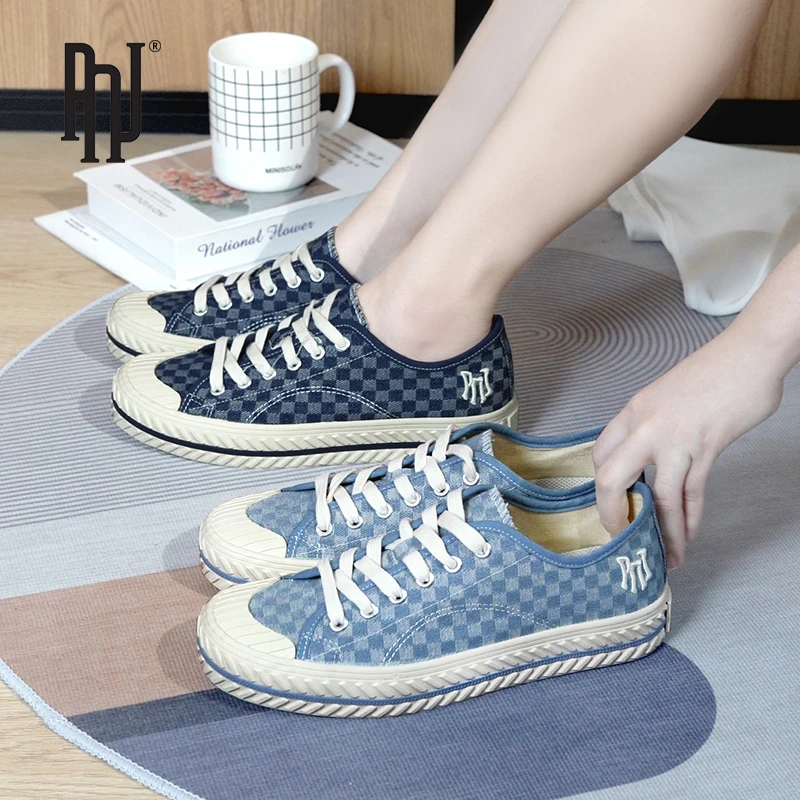신상품起司.PNJ潮流休闲百搭低帮情侣复古棋盘格子帆布鞋