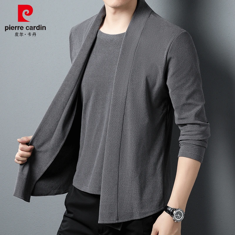 皮尔卡丹德绒假两件薄开衫男纯色休闲宽松长袖中年男士针织衫外套