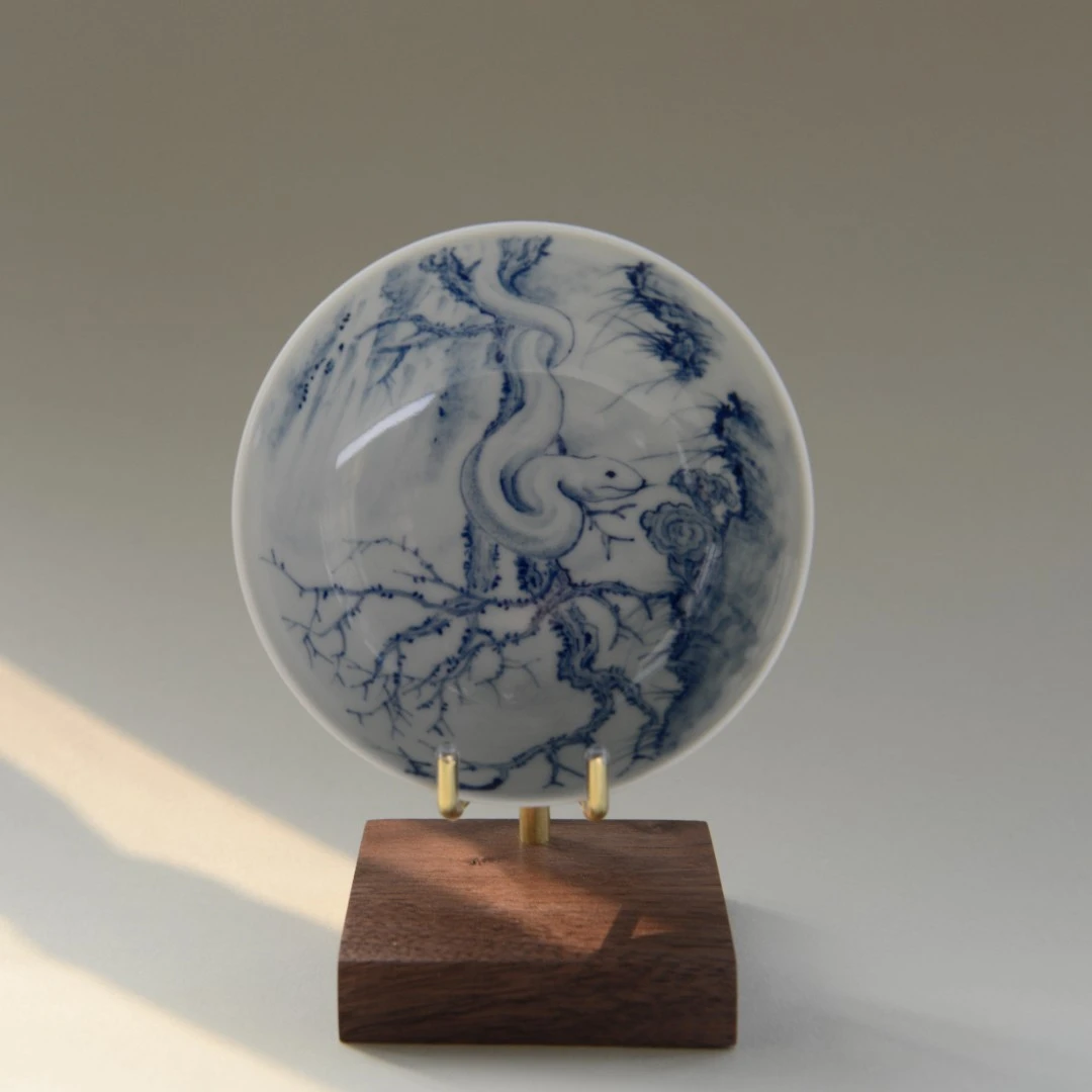 景德镇柴窑柴烧手工手绘仿古泥内外画青花生肖题材白蛇主人杯茶杯