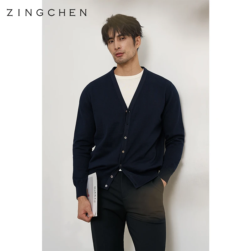 【可机洗棉山羊绒】ZINGCHEN春秋V领针织开衫外套男 休闲外搭毛衣