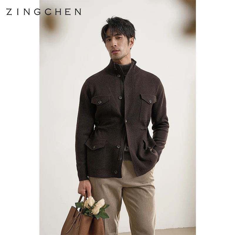 【抗皱纱线】ZINGCHEN针织SAFARI猎装夹克男 中长款毛衣外套