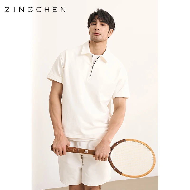 【干爽透气棉】ZINGCHEN 夏季优雅套装 拉链短袖POLO衫短裤套装男