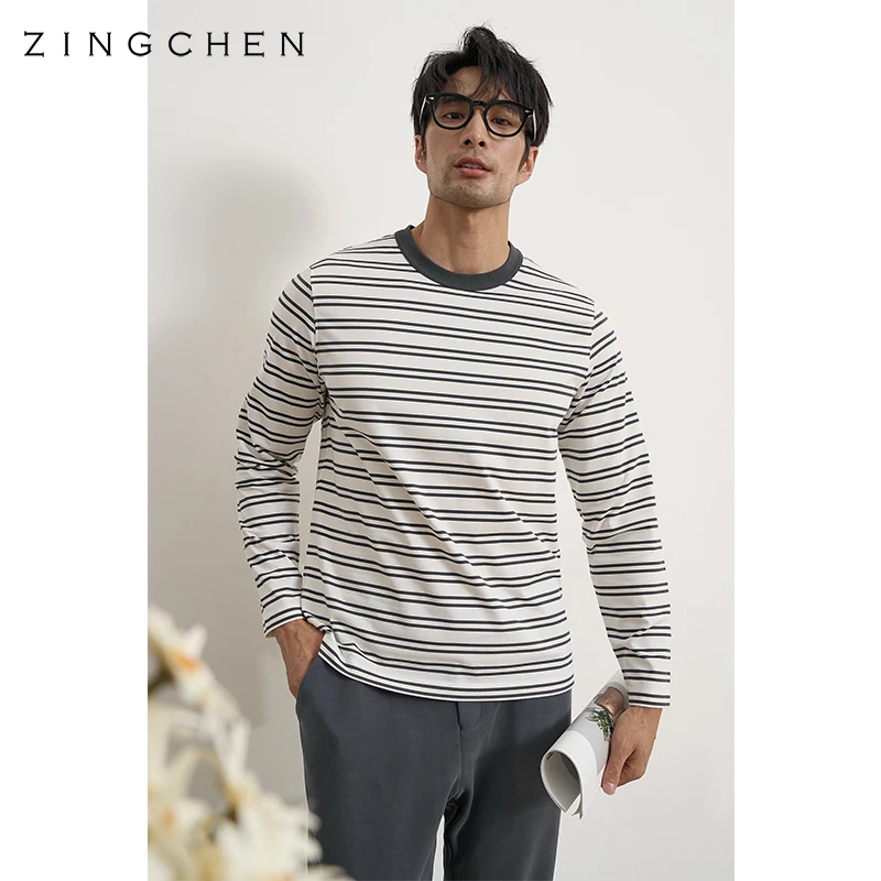 【氛围感穿搭】ZINGCHEN条纹长袖圆领T恤男 抗皱百搭休闲打底衫