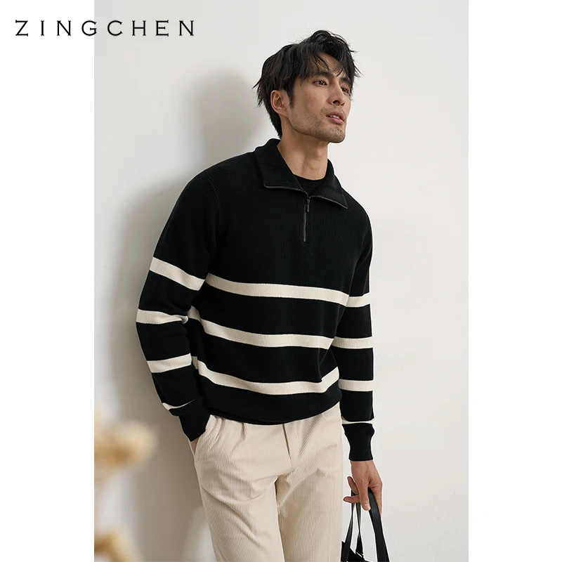【优雅氛围感穿搭】ZINGCHEN拉链高领条纹毛衣翻领珠地廓形针织衫