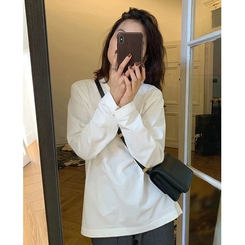 230克新疆棉长袖纯棉T恤情侣同款春秋冬百搭宽松圆领韩版纯色上衣