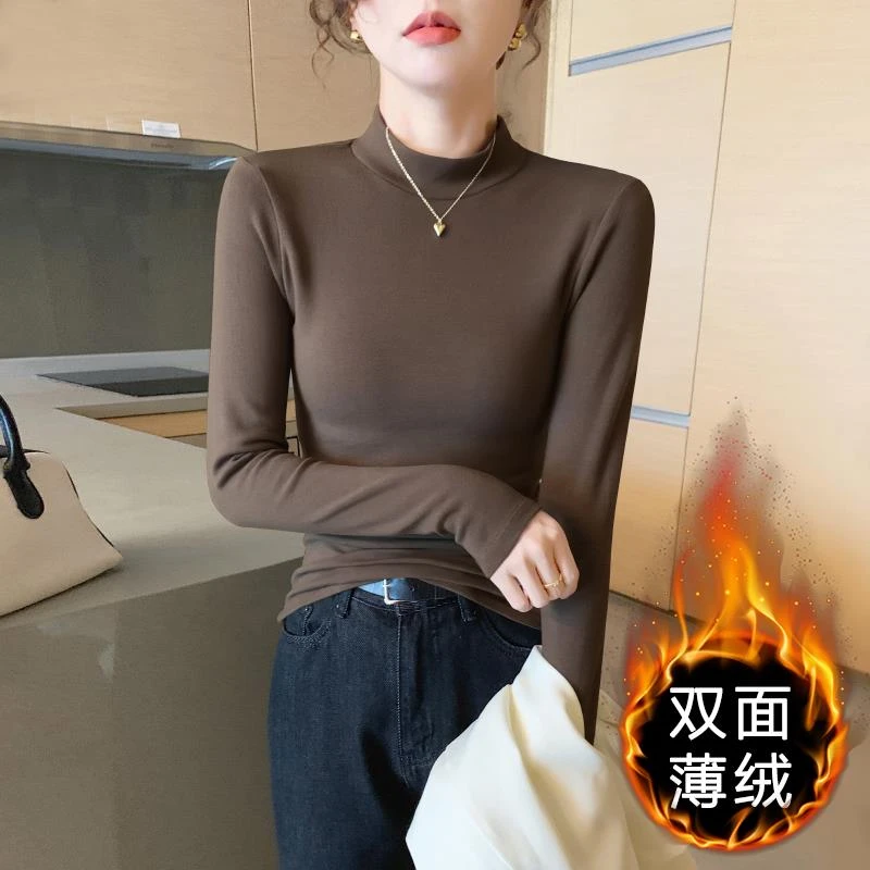 咖啡色加厚半高领长袖打底衫女秋冬2023新款内搭双面加绒保暖上衣