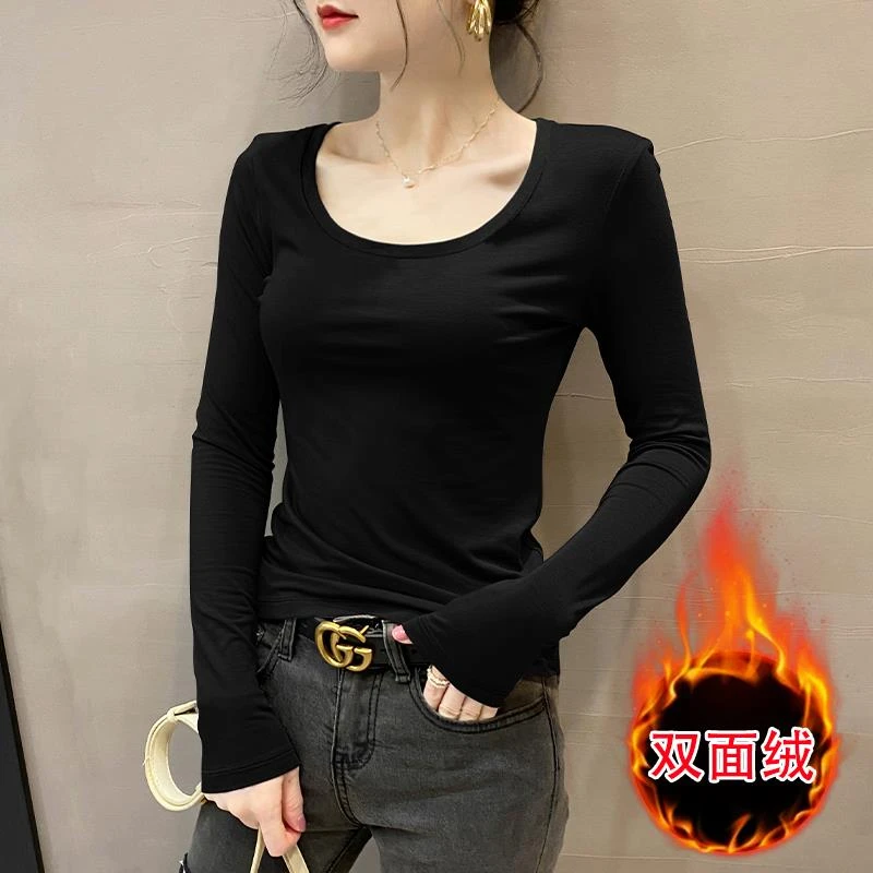 双面绒圆领打底衫女内搭2025春秋冬新款加绒长袖黑色修身洋气上衣