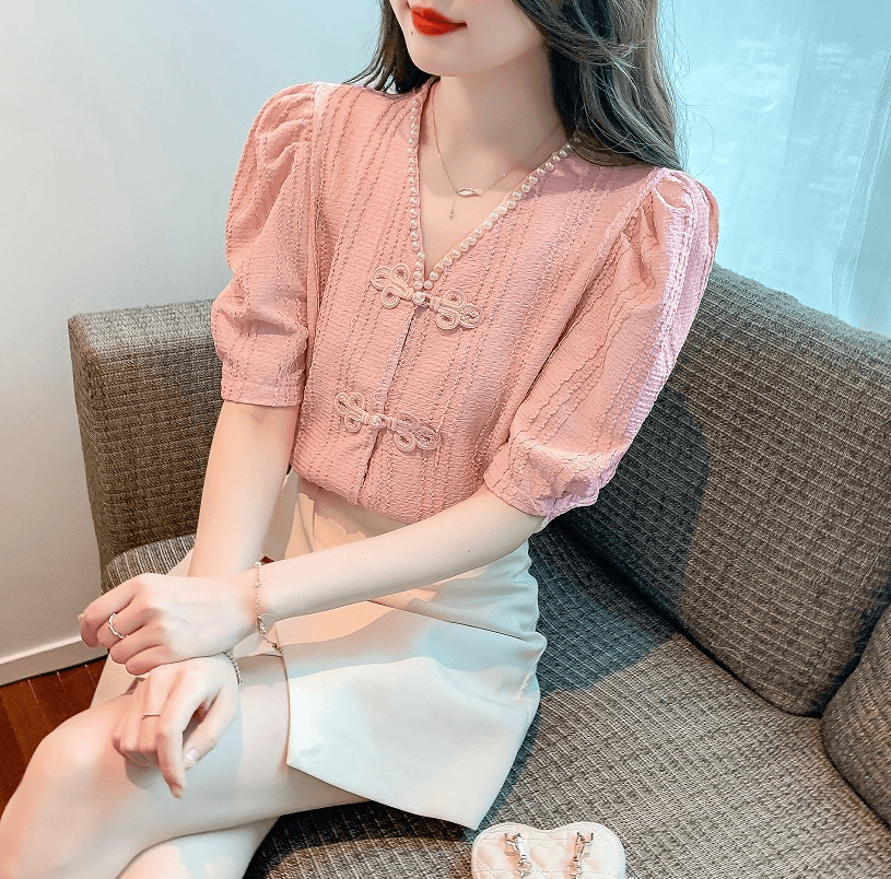 中式收腰衬衫短袖女夏季2024新款国风盘扣小衫设计感小众短款上衣