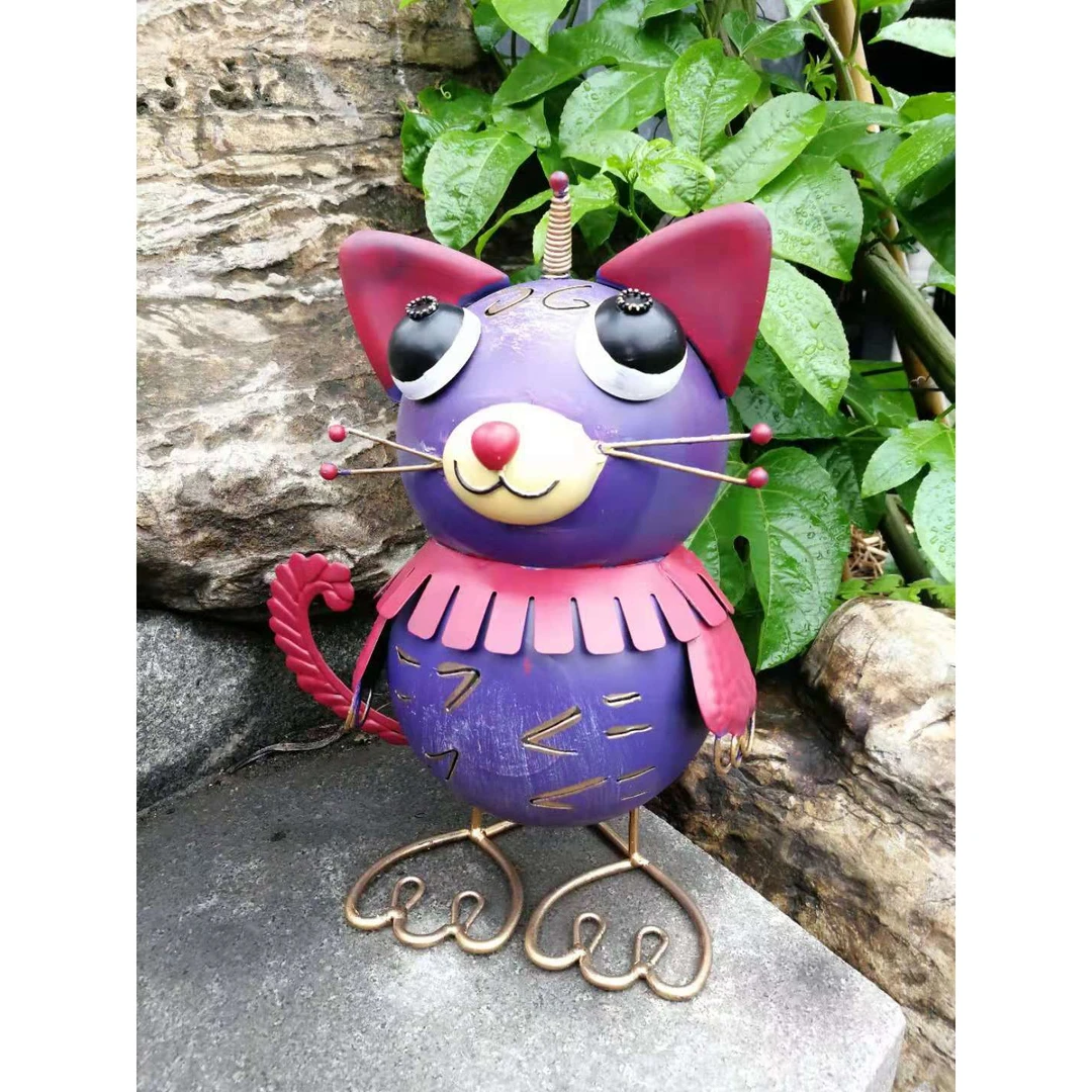 外贸尾单庭院花园装饰创意动物摆件彩绘猫咪铁艺工艺品杂货批发