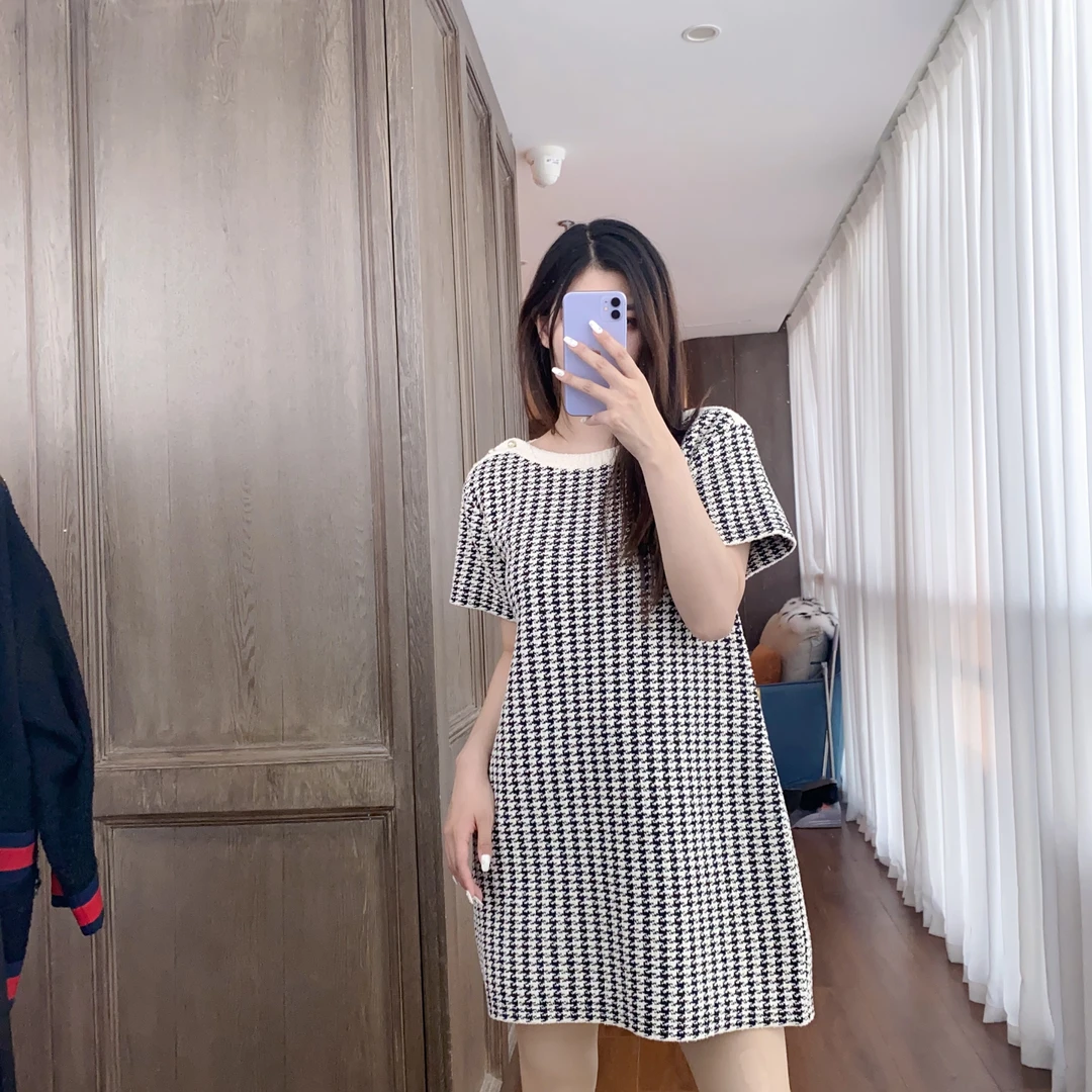 99新 DIOR/迪奥 麦殿/珍珠连衣裙黑白千鸟格42码/240921LZYPH01