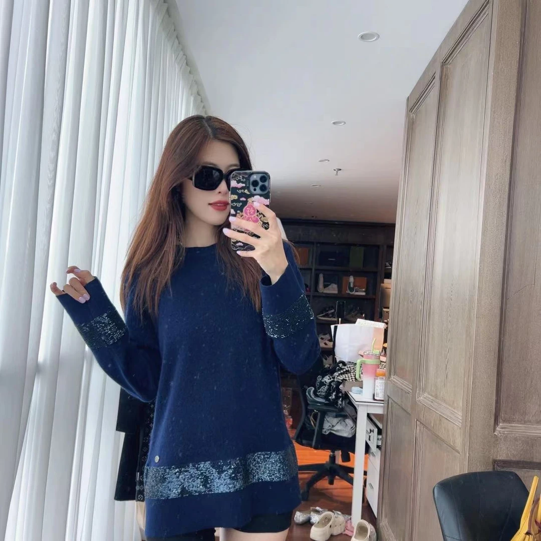麦殿/95新/Chanel香奈儿/羊绒亮片长款毛衣蓝色/221015WLFRG29