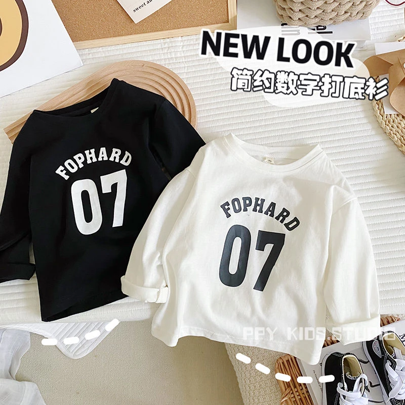 棉质儿童男女童中小童2023春季新韩版字母印花长袖圆领T恤打底衫