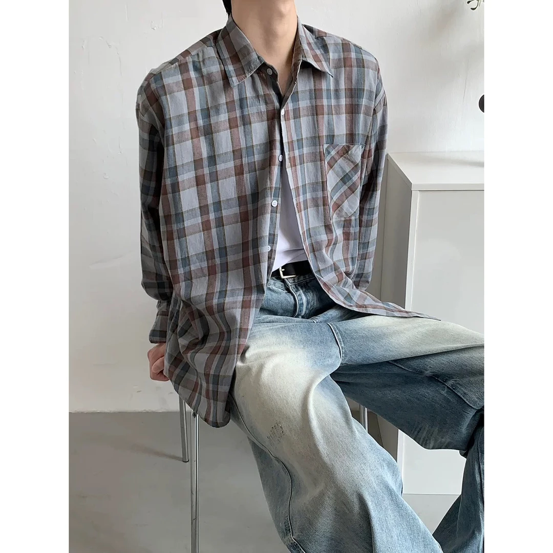 权一 韩版设计感慵懒格子衬衫男宽松休闲免烫廓形长袖衬衣小众潮