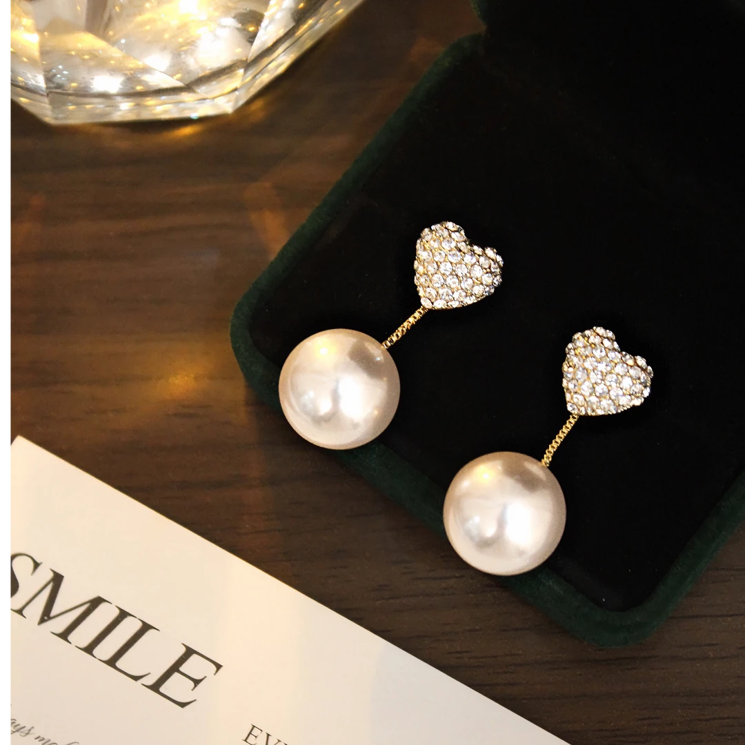 铜合金仿珍珠耳饰 两戴爱心流苏耳环轻奢气质设计感层次耳钉