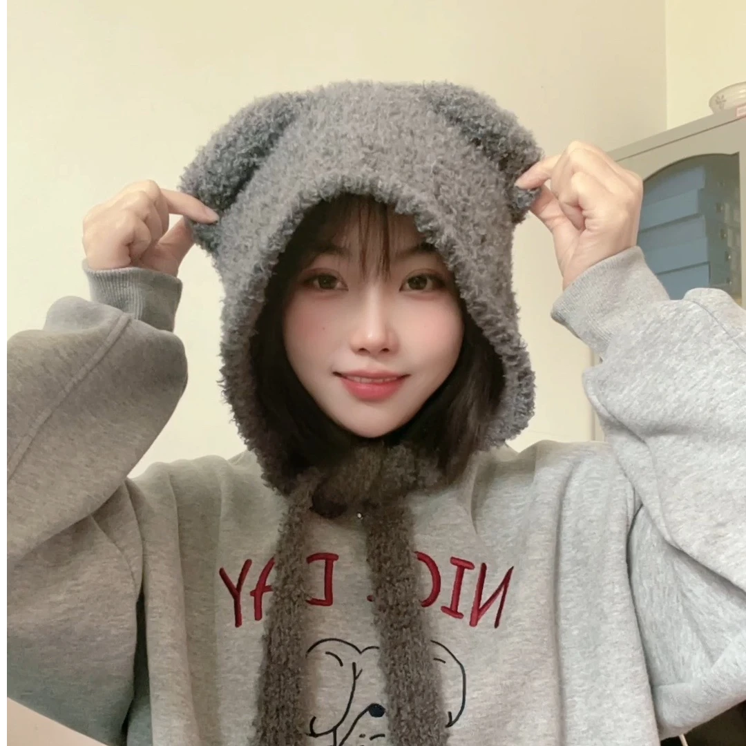 大头围可爱毛绒小熊帽子女冬季显脸小保暖针织毛线帽大头围护耳
