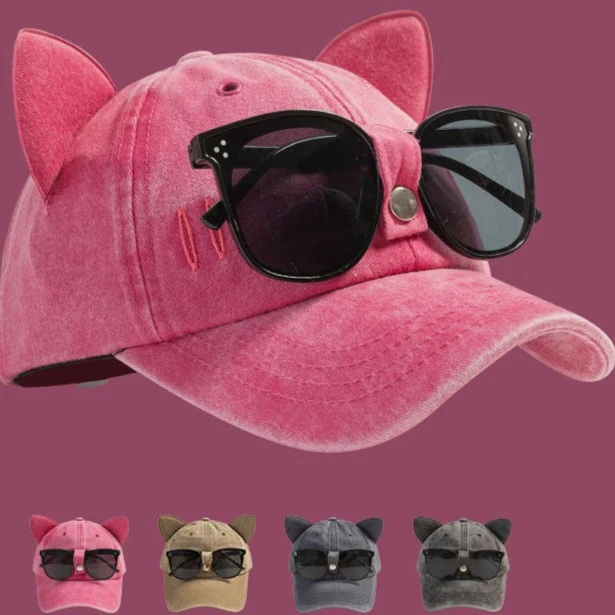 可爱带猫耳朵飞行员眼镜棒球帽子女春夏墨镜鸭舌帽女韩版百搭学生