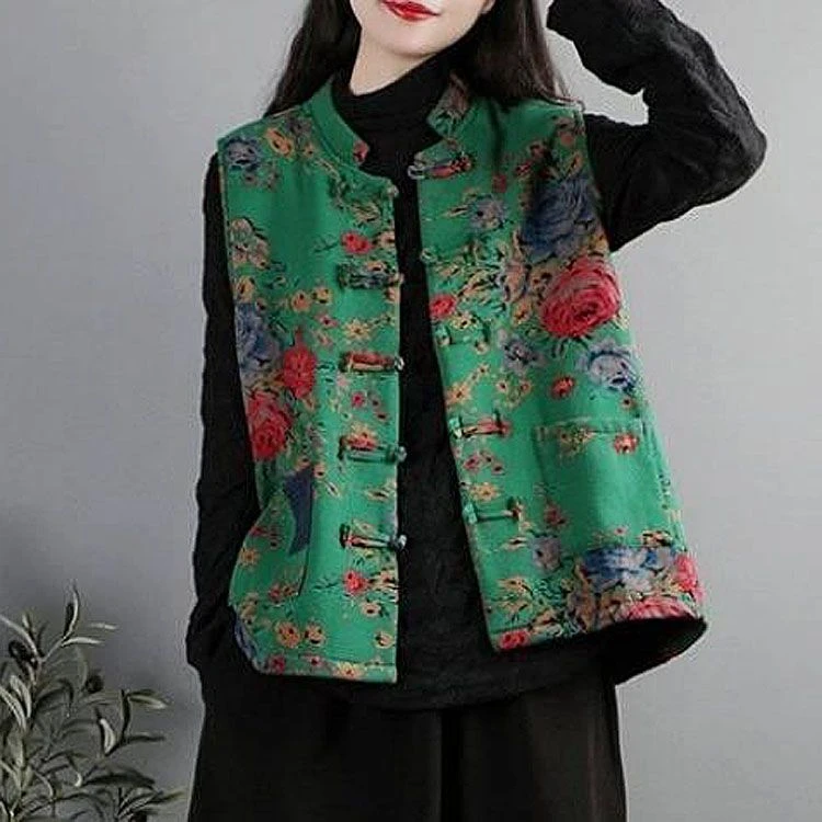 中国风马甲女中式立领对襟盘扣加绒棉麻无袖马夹坎肩印花复古外套