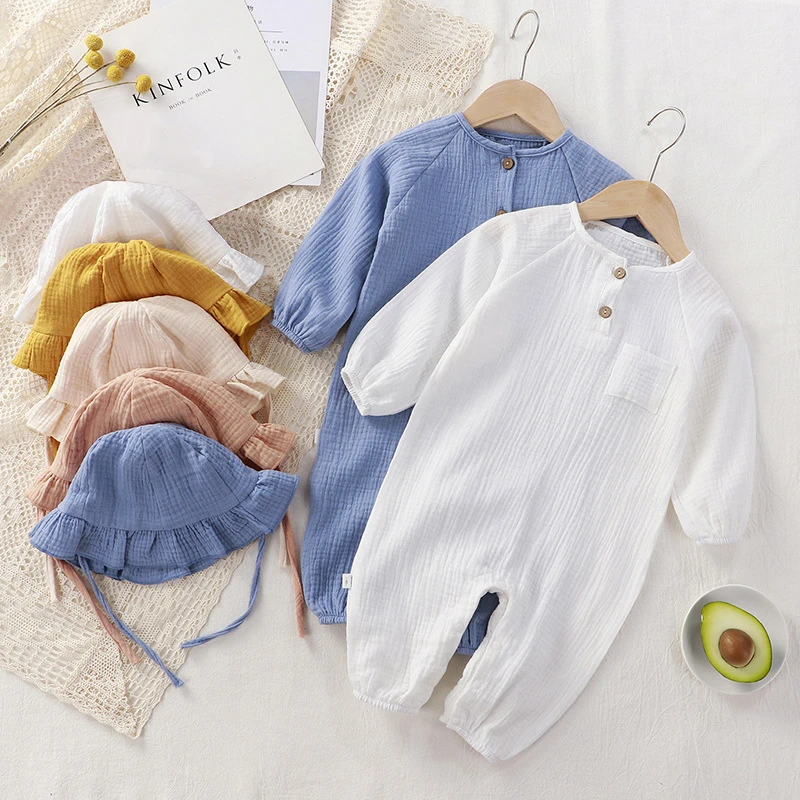 新款新生儿长款爬服棉质纱布哈衣连体衣