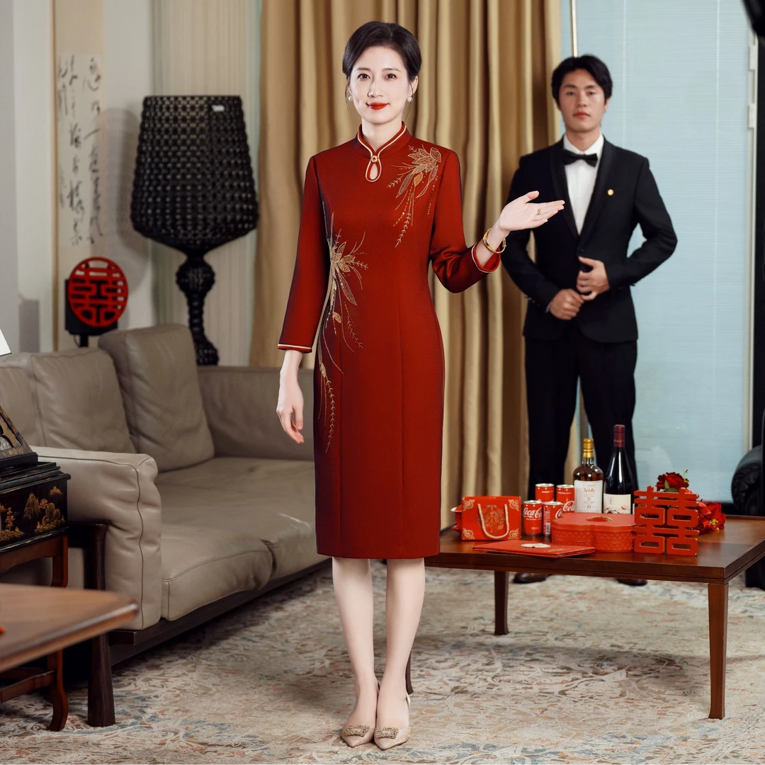 55411高端年轻妈妈秋季喜婆婆婚宴装婚礼丈母娘礼服中老年连衣裙