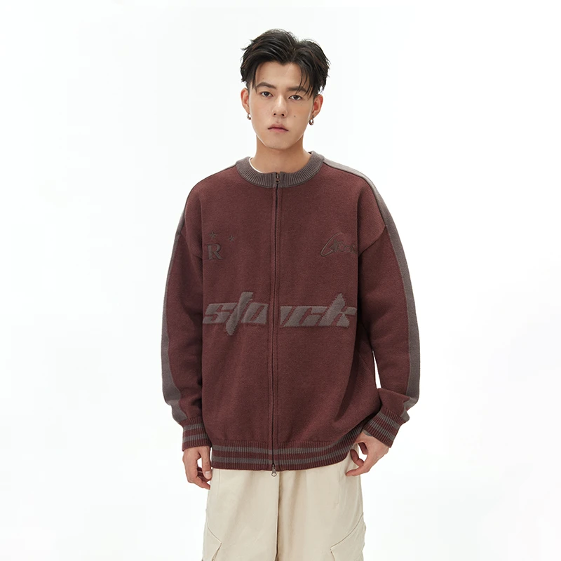 CoosRetro美式复古刺绣撞色开衫毛衣潮情侣宽松外套 CS33J47