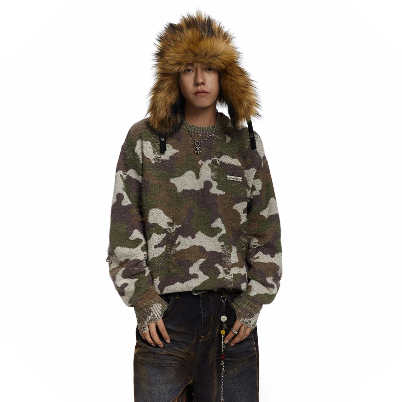 CoosRetro美式复古破洞迷彩圆领毛衣潮流百搭套头情侣上衣CS43K01