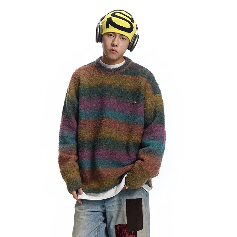 CoosRetro美式复古渐变毛衣秋季圆领宽松休闲针织衫潮牌cs43k06