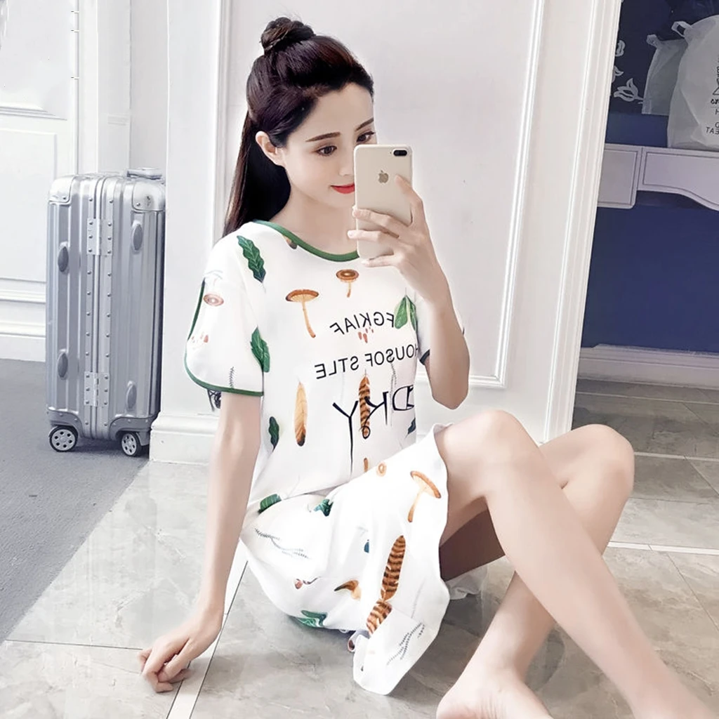 新款时尚夏季睡裙女纯棉短袖大码中长薄款荷花边睡衣裙外穿家居服