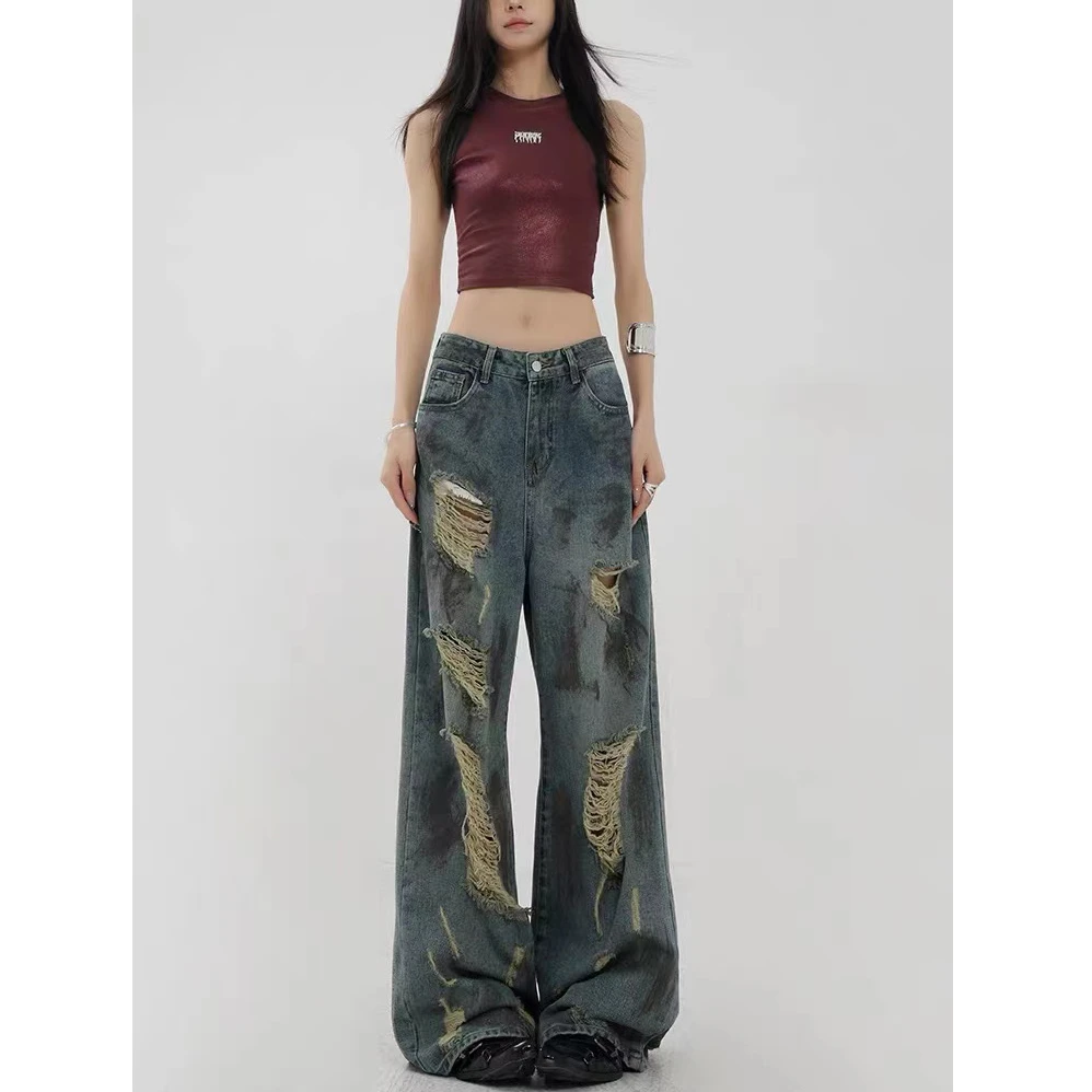 大码美式复古扎染废土风阔腿破洞牛仔裤女夏季2025新款水洗拖地裤