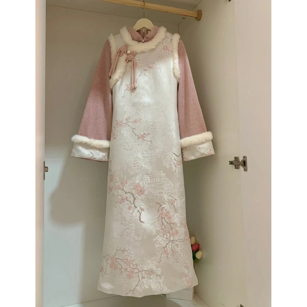 复古风粉白梅花长短马甲搭配旗袍裙套装新中式加绒2025秋冬季新款
