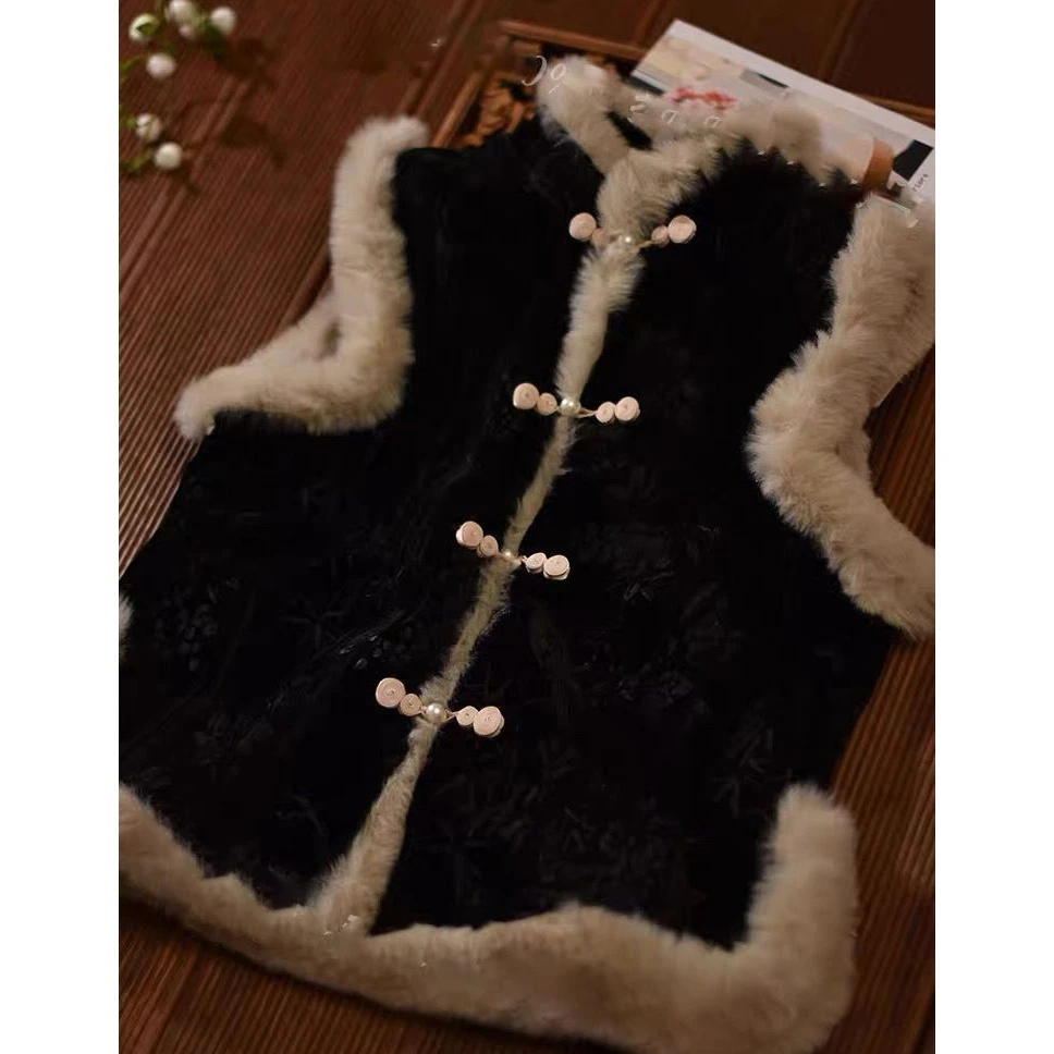 新中式旗袍马甲国风唐装复古黑色加绒加厚无袖中式外套马夹冬款女