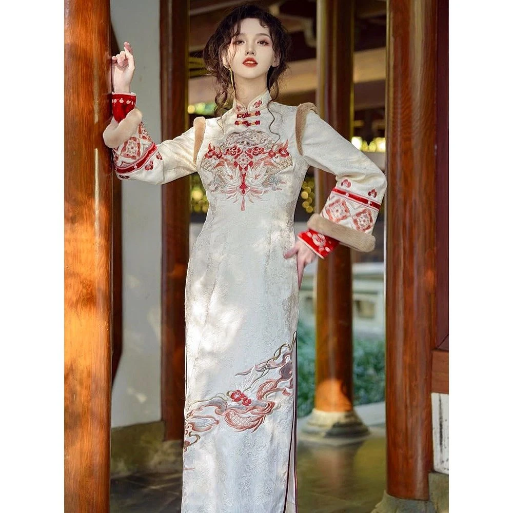 高级感超好看新中式轻国风改良版旗袍长裙超仙连衣裙女秋冬礼服裙