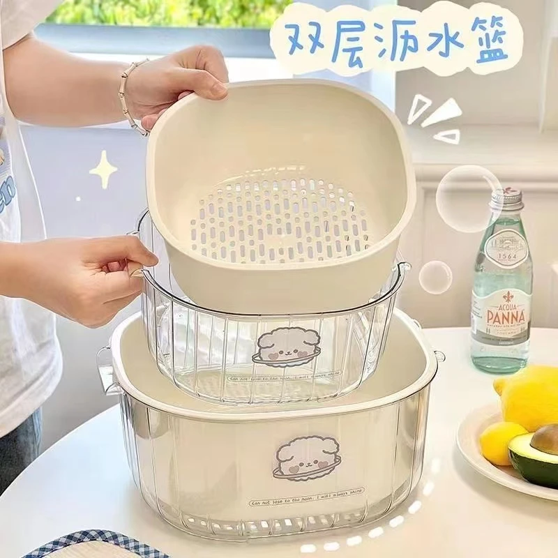 透明PET沥水洗菜盆厨房多功能洗米宝宝果蔬沥水篮家用碗盆套装