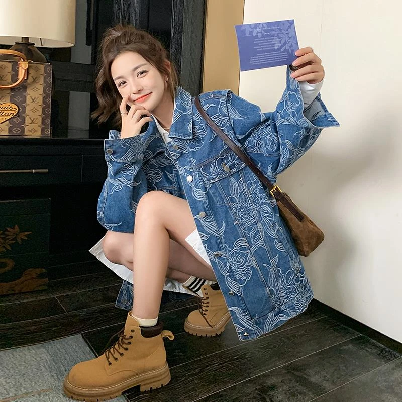 提花牛仔外套女秋季宽松显瘦设计感小众休闲感炸街chic牛仔衣