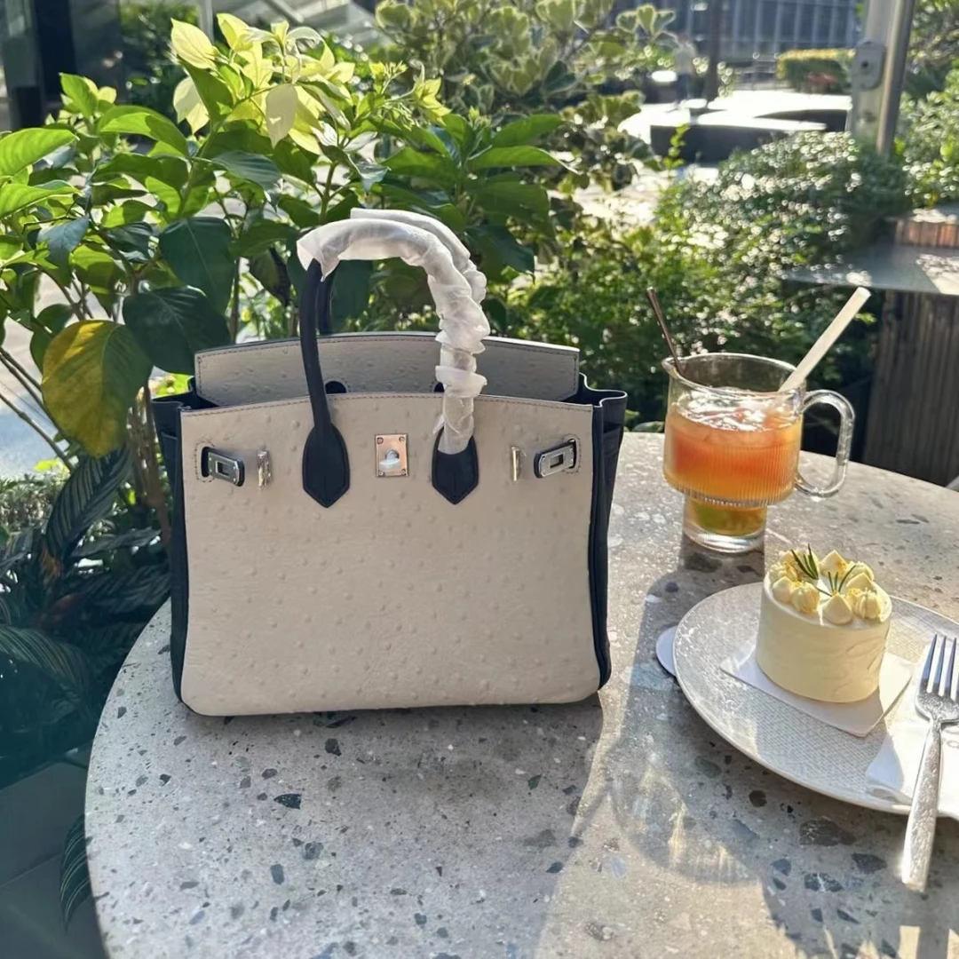 【小裴专属】MM原创设计--高定女包手提鸵鸟纹凯莉包DD#冰川白拼色