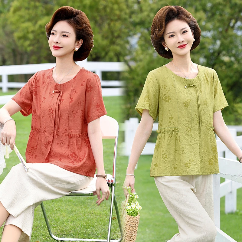 新中式套装中年妈妈夏装2024新款棉麻上衣时尚中老年女装夏季短袖