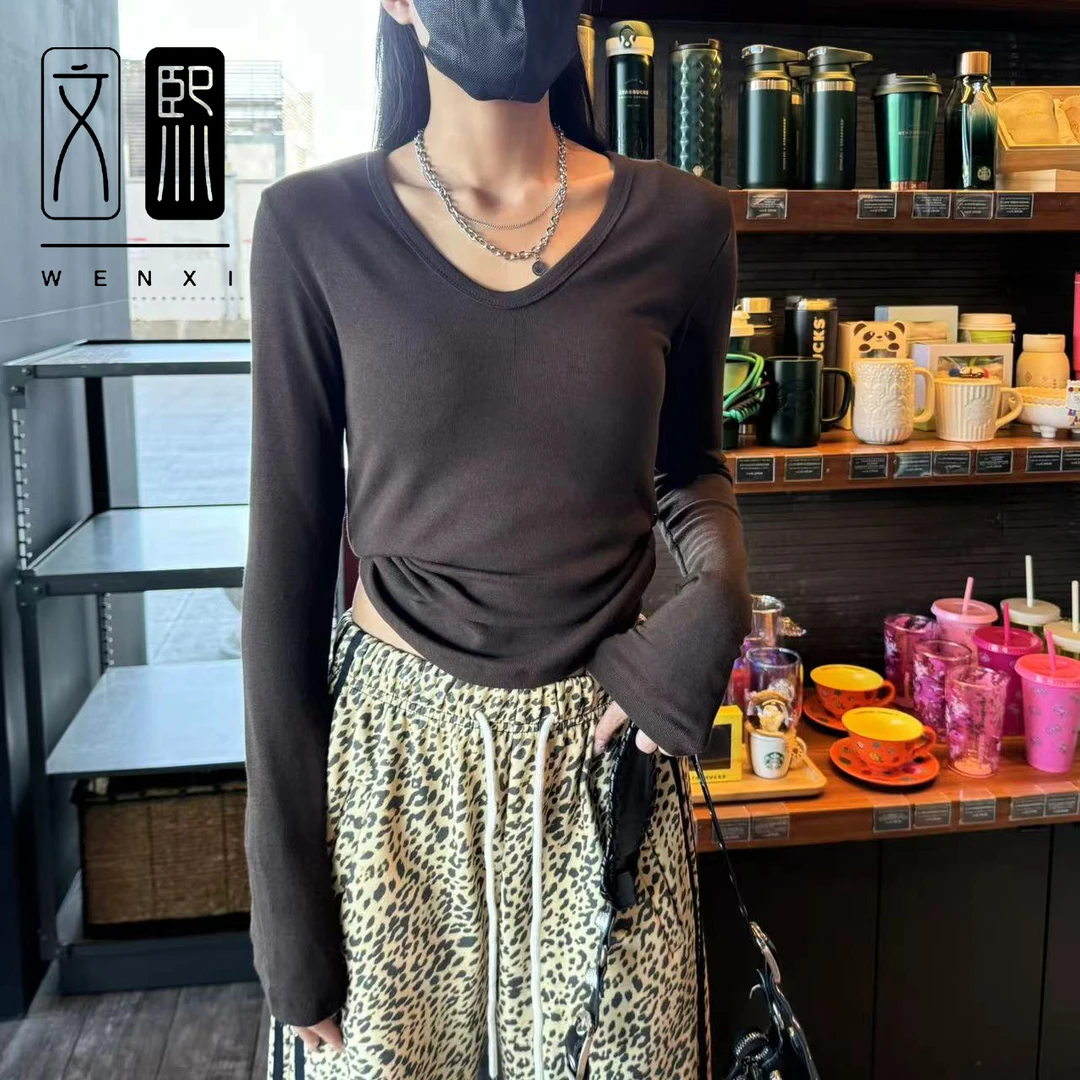 秋冬款时尚纯色打底衫显瘦长袖短款百搭修身高腰上衣