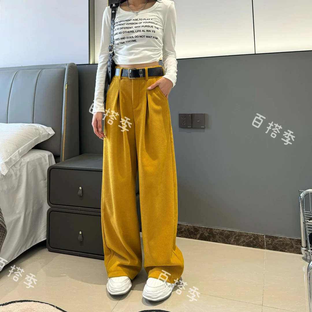 工厂店-灯芯绒休闲裤伏虎高腰加绒设计感阔腿直筒拖地裤