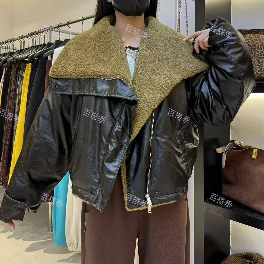 （工厂店）冬季潮流大翻领加绒保暖外套黑色加厚皮夹克女休闲