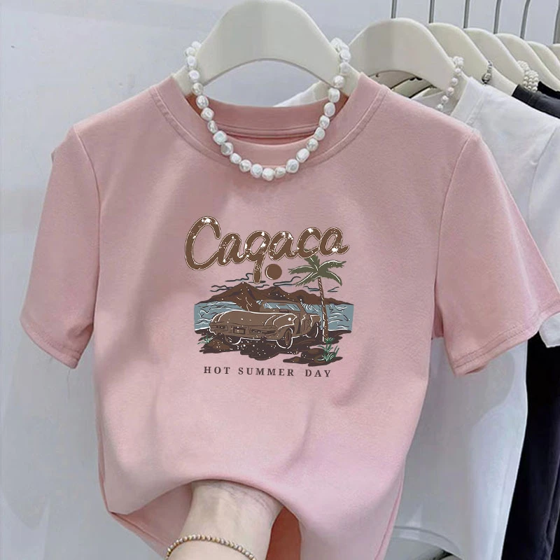 夏季新款圆领汽车椰子树印花短袖t恤女修身显瘦韩版百搭半袖上衣