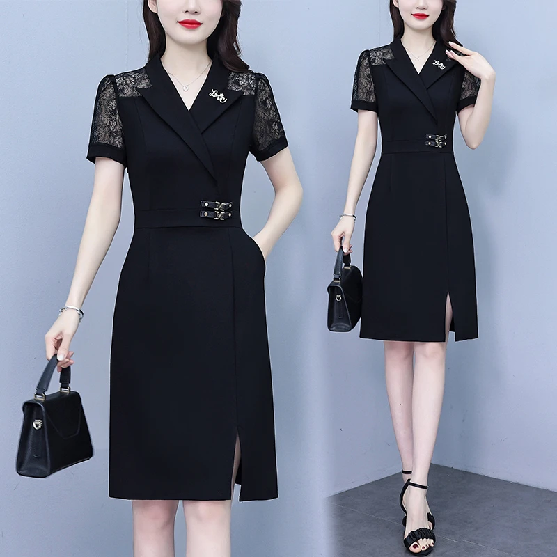 2025夏新款大码女装时尚气质减龄修身显瘦蕾丝拼接显瘦短袖连衣裙
