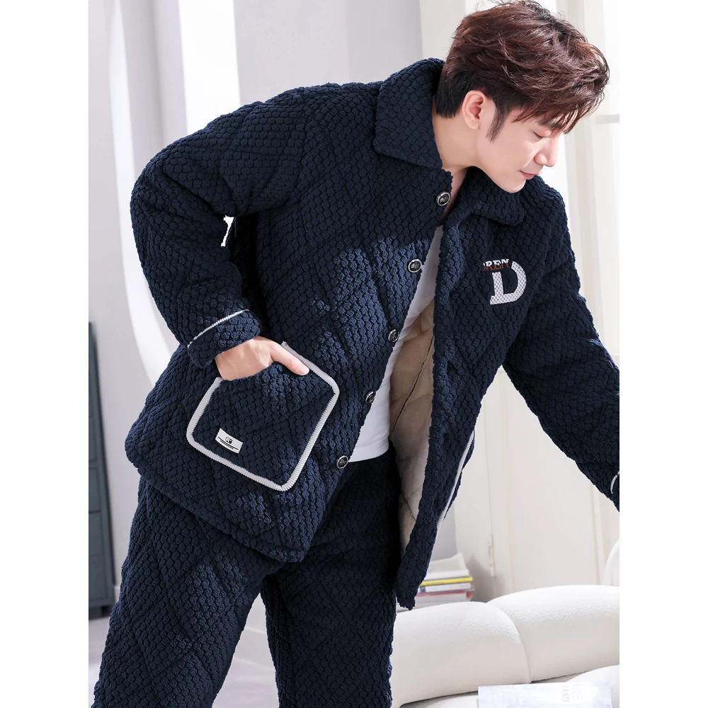 秋冬季男士睡衣珊瑚绒冬款加厚加绒保暖法兰绒三层夹棉家居服套装