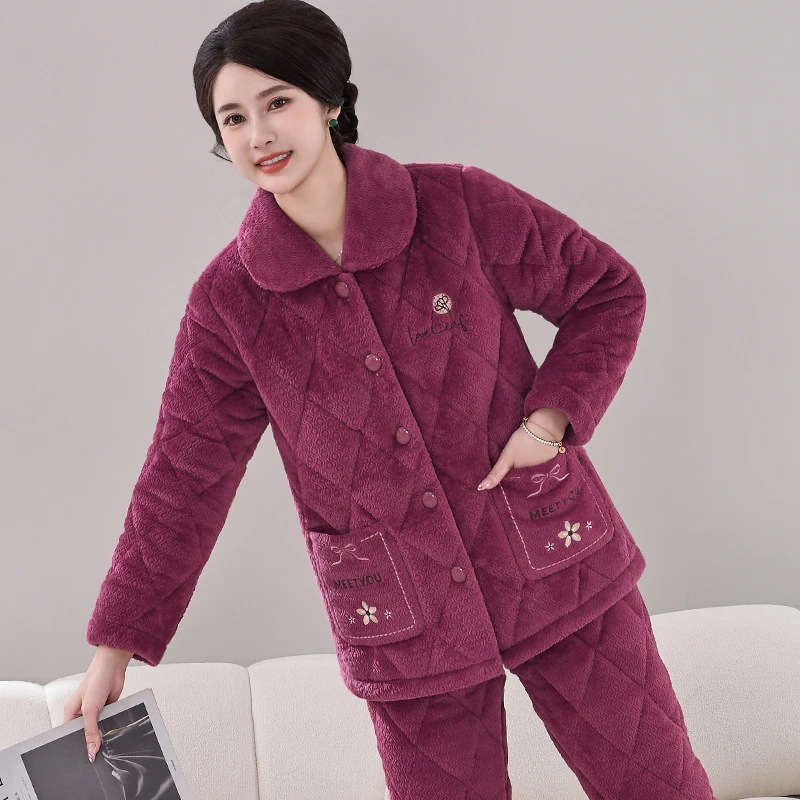 冬季中老年人睡衣女珊瑚绒三层加厚夹棉妈妈家居服冬天家居服保暖
