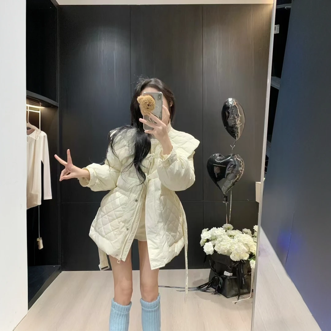 时尚中国风菱格娃娃领女装羽绒服2024冬季时尚收腰显瘦外套