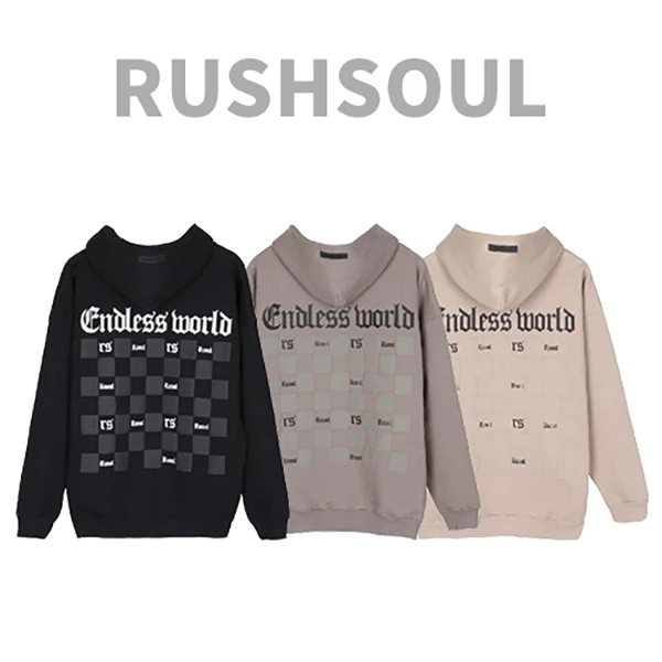 RUSHSOUL棋盘格重磅开衫设计感卫衣春秋季宽松连帽百搭外套上衣