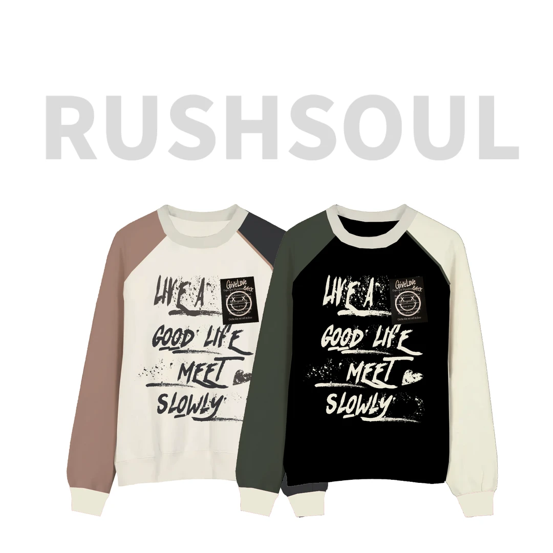 RUSHSOUL撞色拼接圆领长袖秋季潮牌高街宽松情侣长款t恤